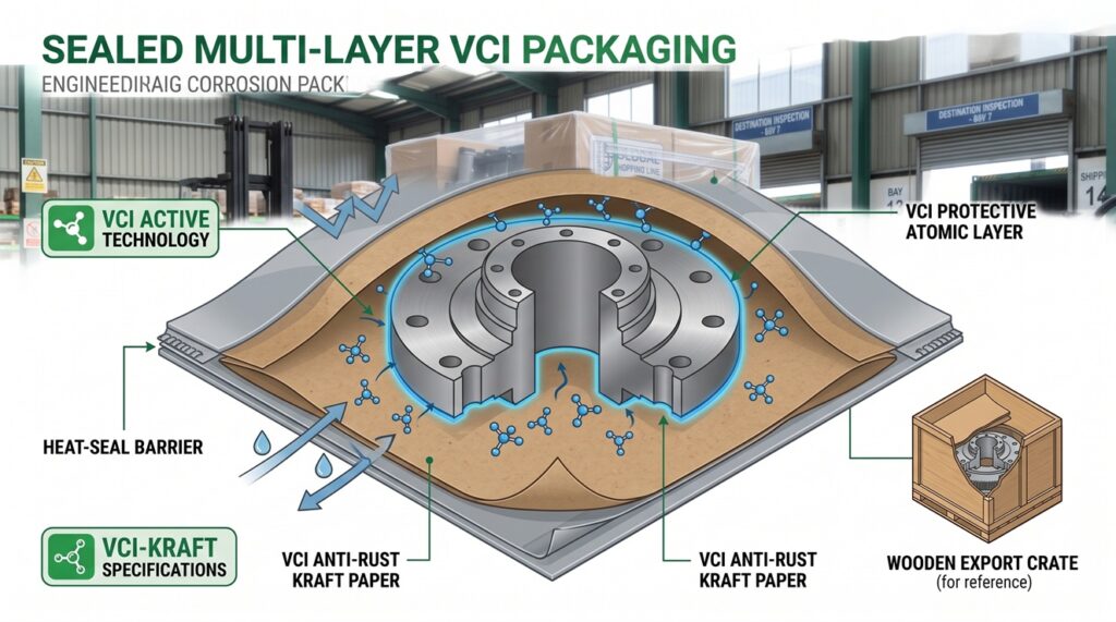 อินโฟกราฟิกกลไกไอระเหย VCI จากกระดาษคราฟต์ที่เคลือบผิวโลหะเพื่อป้องกันสนิม